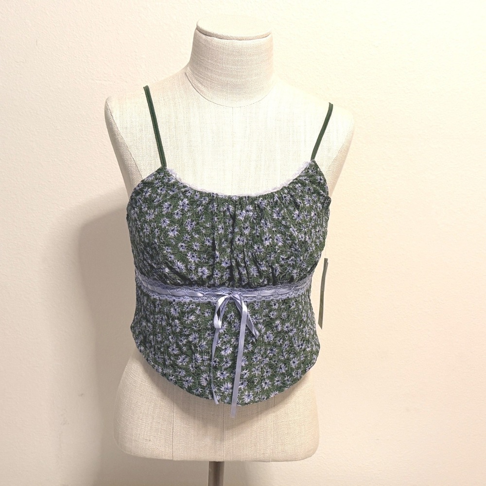 No Boundaries Women Green Purple Floral Lace Camisole Ribbon Crop Top XL 16-18